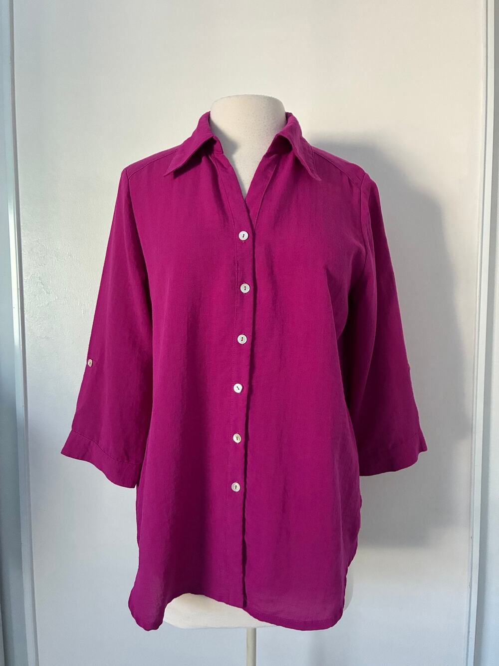 Fridaze Magenta Pink 100% Linen Laggen Look Full Button Collar 3/4 Sleeve Size S